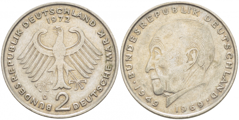 ФРГ 2 марки 1972 D, Конрад Аденауэр KM 124, J. 406 медно-никель плакированный никелем  3718-1054
