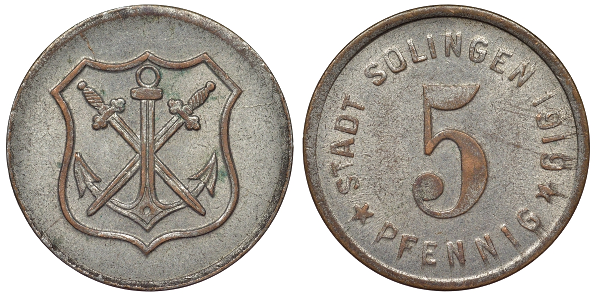 Германия, Золинген 5 пфеннигов 1919 Северный Рейн-Вестфалия, нотгельд Funck 508.6 железо 4119-922