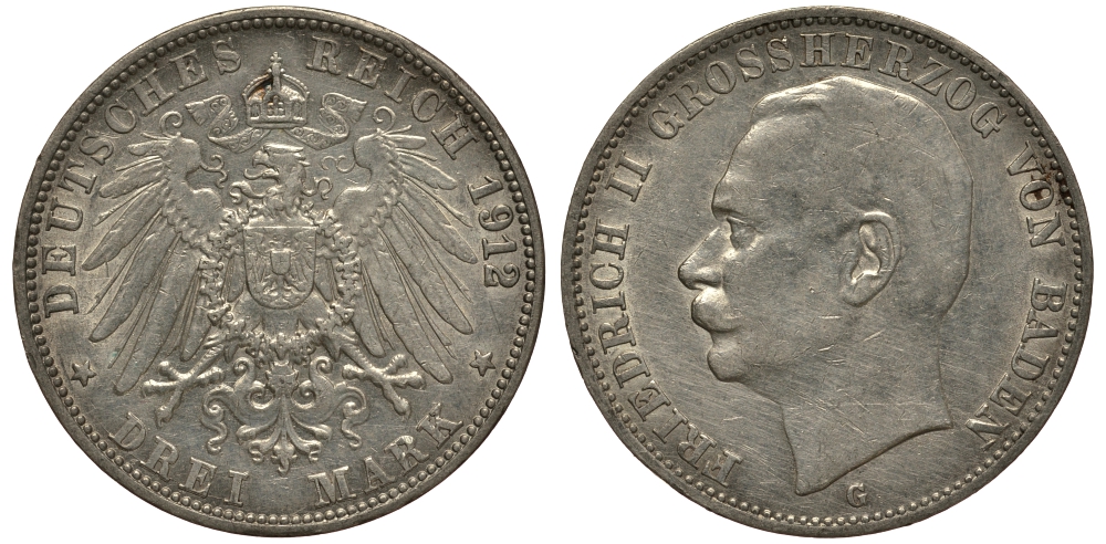 Баден 3 марки 1912 Фридрих II (1907-1918) J. 39, KM 280 серебро    3711-1731