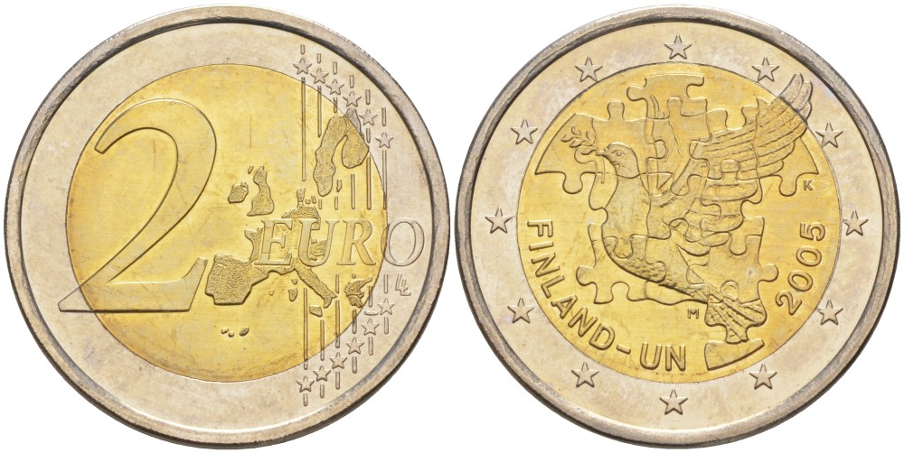 Финляндия 2 евро 2005 60 лет ООН, 50 лет членству Финляндии в ООН, голубь мира KM 119 биметалл UNC 93-931