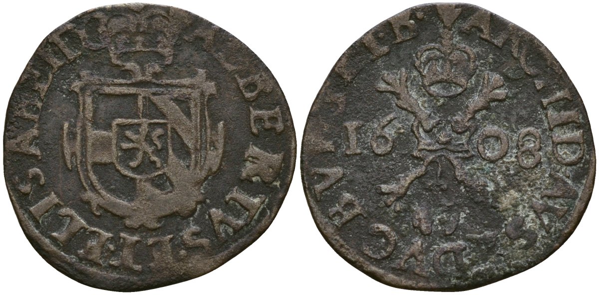 Нидерланды Испанские, Брабант 1 дуит 1608 GH 300, KM 32, Vanhoudt 593 медь 1526-1315