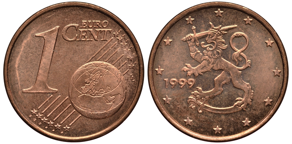 Финляндия 1 евроцент 1999 KM 98 сталь плакированная медью XF-UNC 4181-159