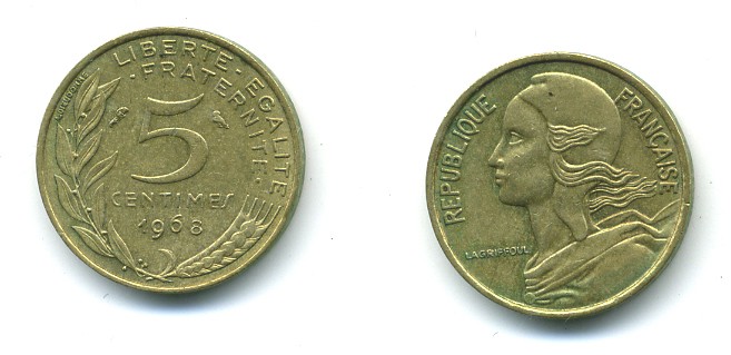 ФРАНЦИЯ 5 САНТИМОВ 1968 ТИП MARIANNE KM 933, LE FRANC 125.4 алюминиевая бронза 84-1529
