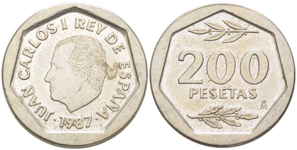 ИСПАНИЯ 200 ПЕСЕТ 1987 ХУАН КАРЛОС I (1975-) KM 829 медно-никель 210-915
