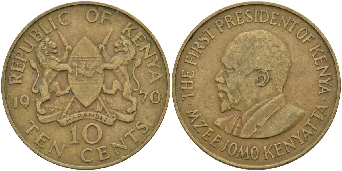 Кения 10 центов 1970 Джомо Кениата KM 11 никель латунь 4590-1036