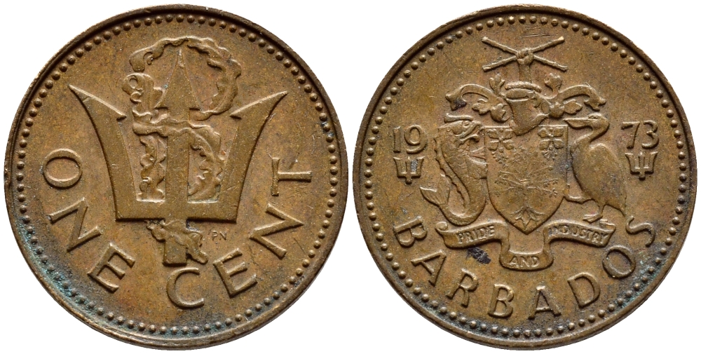 Барбадос 1 цент 1973 сломанный трезубец Британии KM 10 бронза 4396-1247