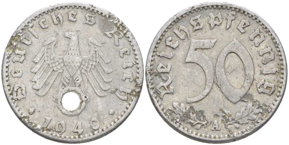 ГЕРМАНИЯ 50 РЕЙХСПФЕННИГОВ 1940 А KM 96, J. 372 алюминий 210-612
