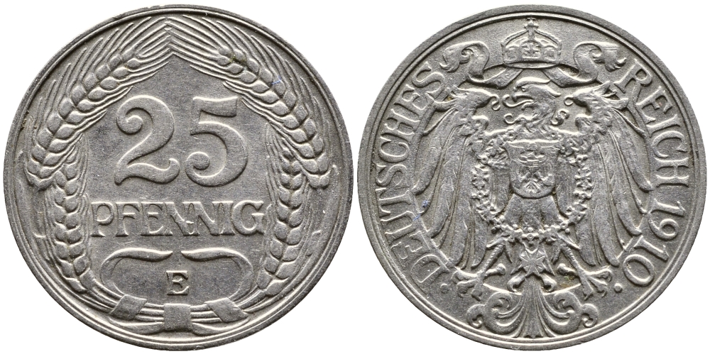 Германия 25 пфеннигов 1910 E KM 18, Weege 12, J.18 никель 93-123