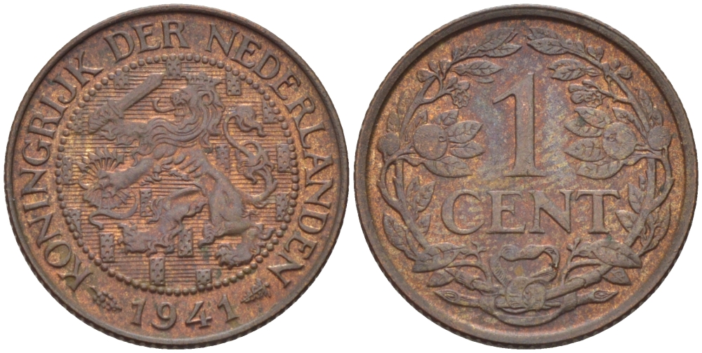 НИДЕРЛАНДЫ 1 ЦЕНТ 1941 ВИЛЬГЕЛЬМИНА (1890-1948) KM 152 бронза 39-113