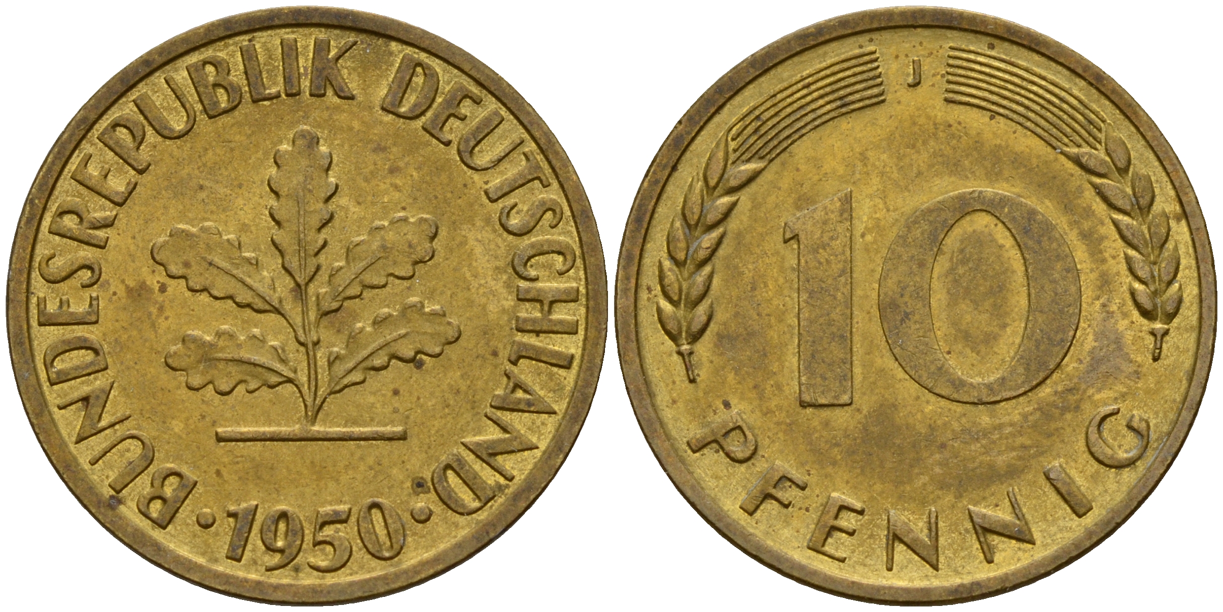 ФРГ 10 пфеннигов 1950 J J. 383, KM 108 сталь плакированная латунью    4603-323