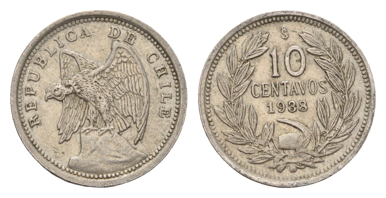Чили 10 сентаво 1938 KM 166 медно-никель 4689-129