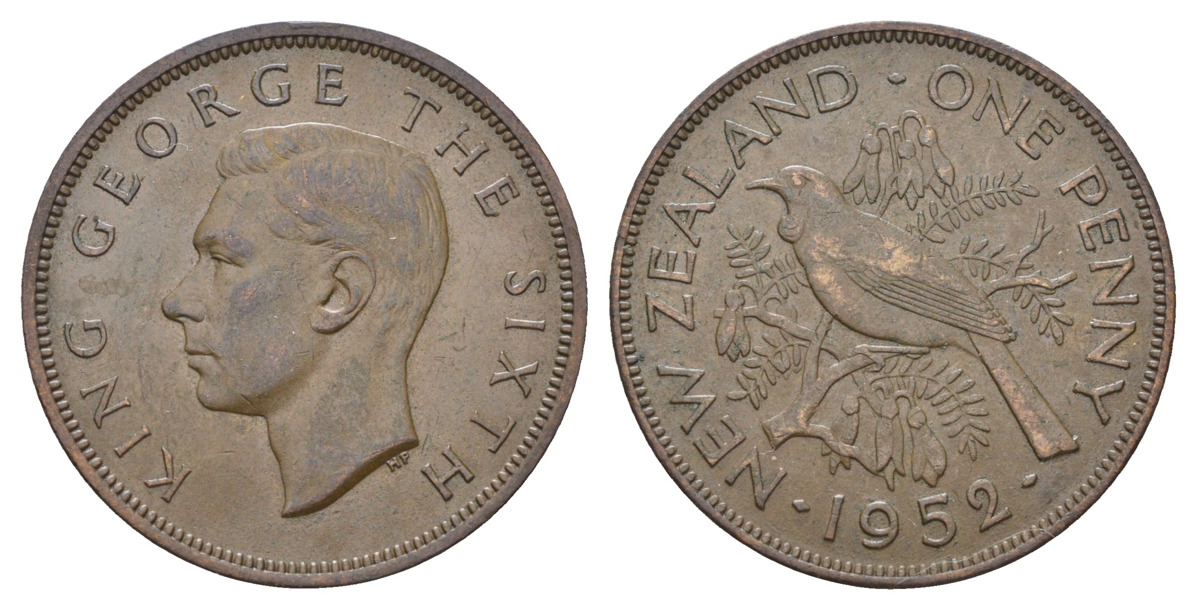 Новая Зеландия 1 пенни 1952 Георг VI (1936-1952), новозеландский туи KM 21 бронза 4512-145