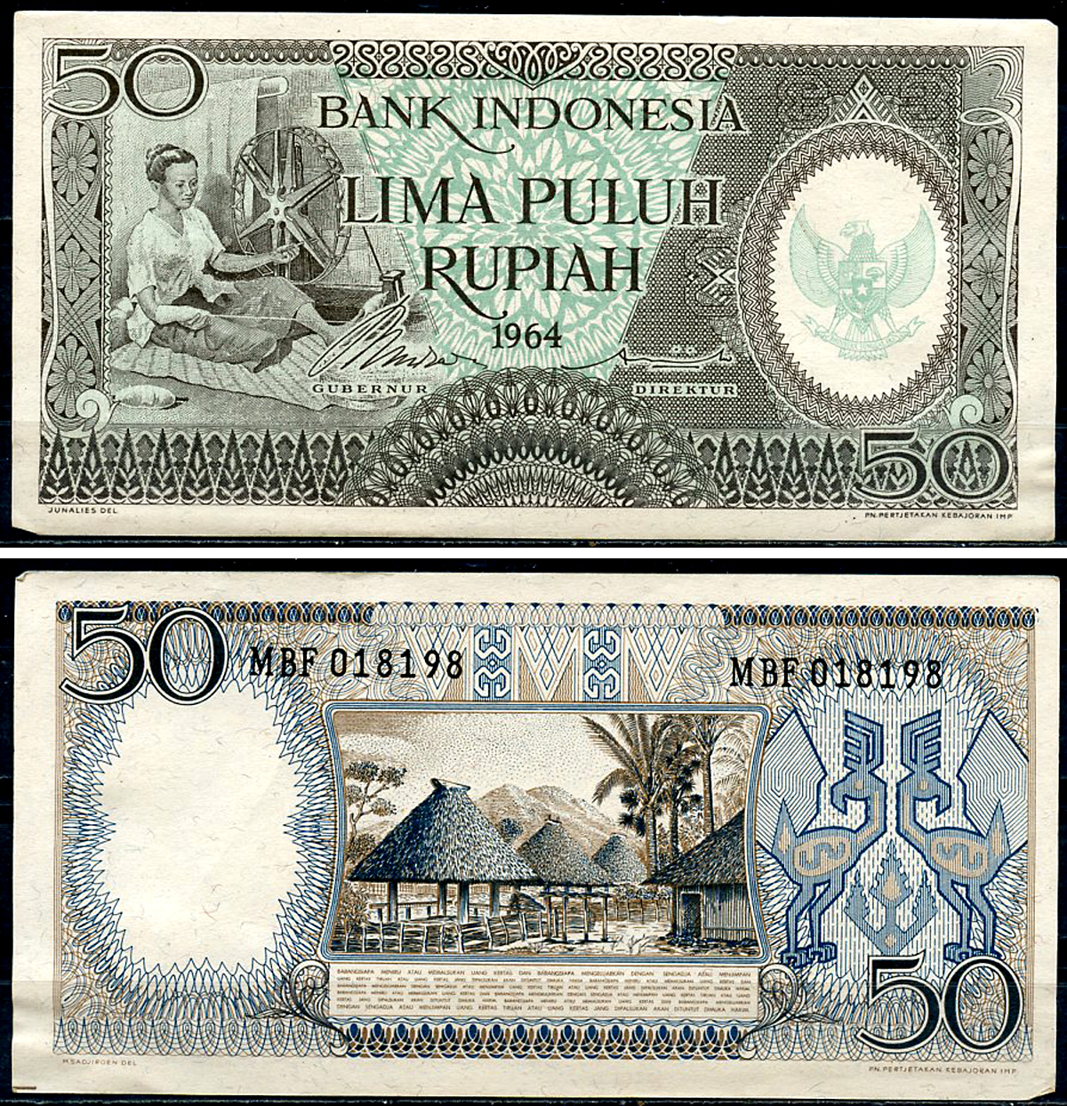 Индонезия 50 рупий 1964 женщина за прялкой, деревня Pick 96  бумага  aUNC 8611-8-2-2