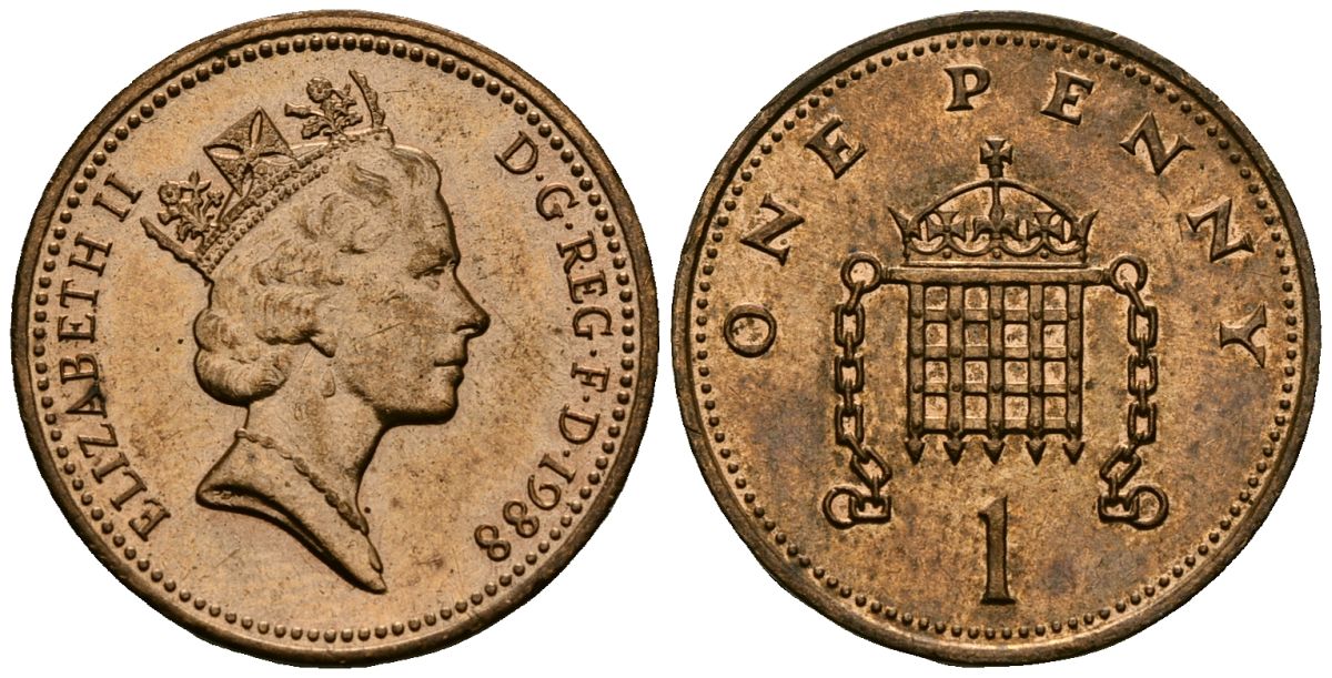 Великобритания 1 пенни 1988 Елизавета II (1952-2022) KM 935, Spink 4381 (B3) бронза 4176-617