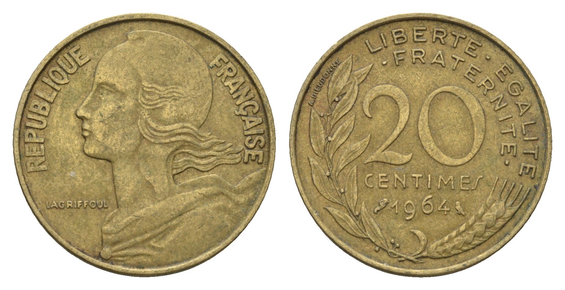Франция 20 сантимов 1964 KM 930 алюминиевая бронза 4673-1113
