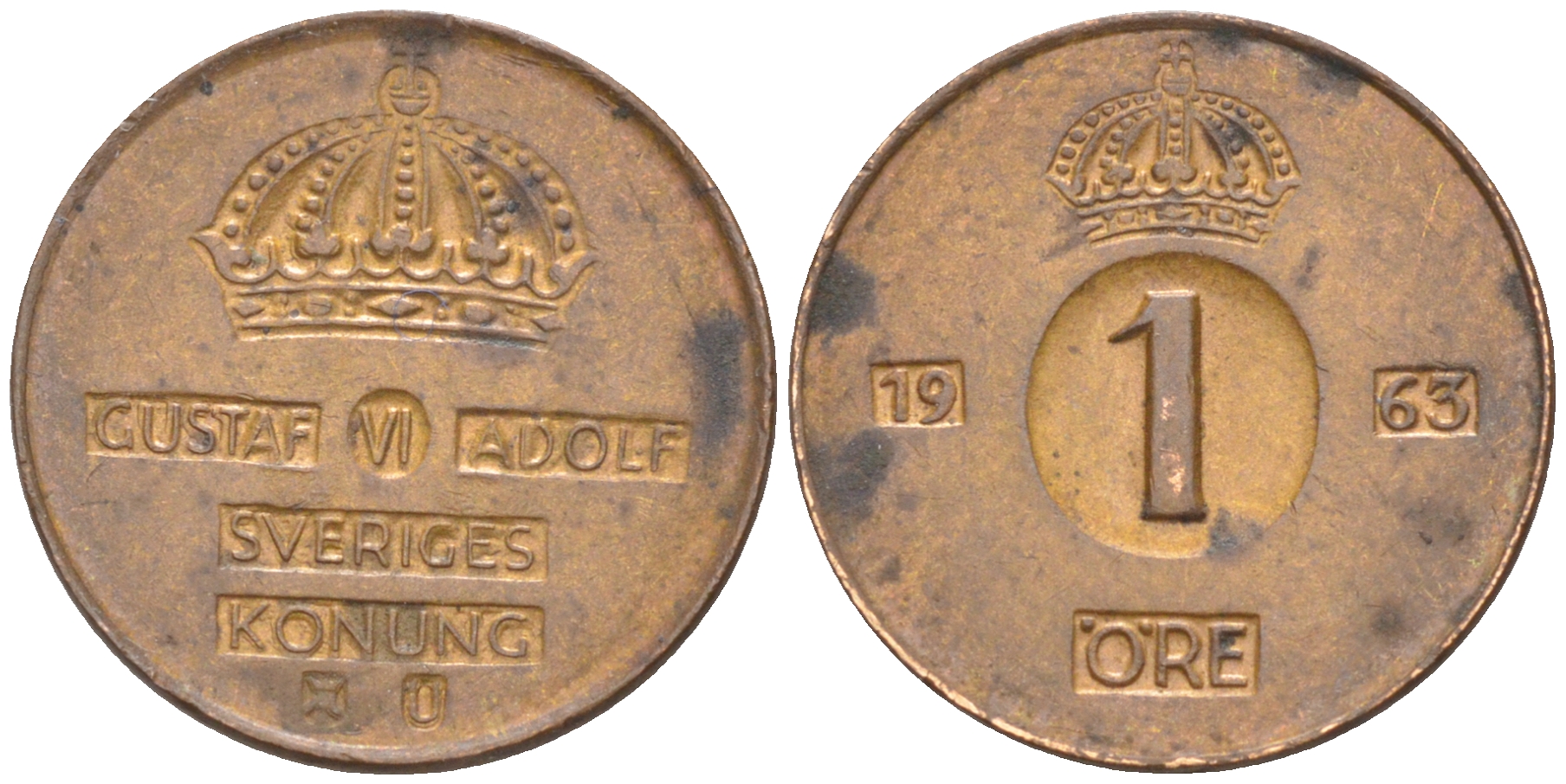 Швеция 1 эре 1963 U, Густав VI Адольф (1950-1973) KM 820 бронза 112-227