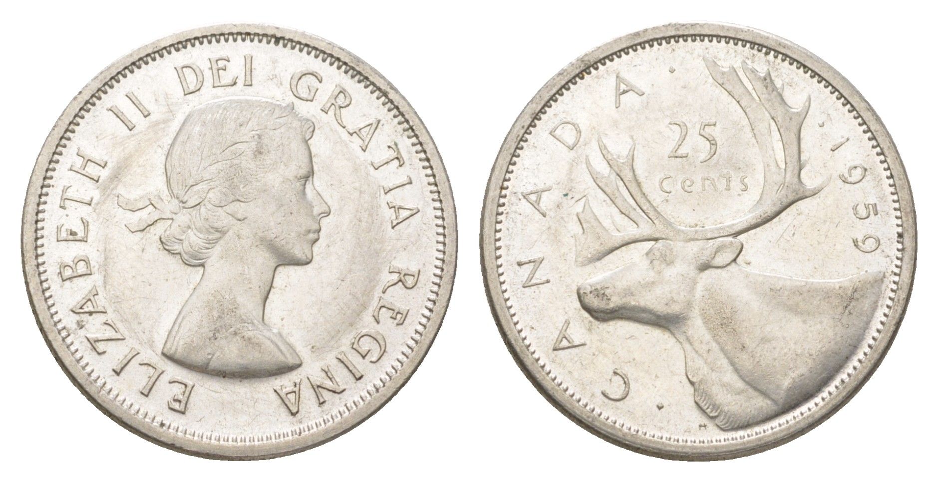 Канада 25 центов 1959 Елизавета II (1952-2022), олень KM 52 серебро UNC 4622-831