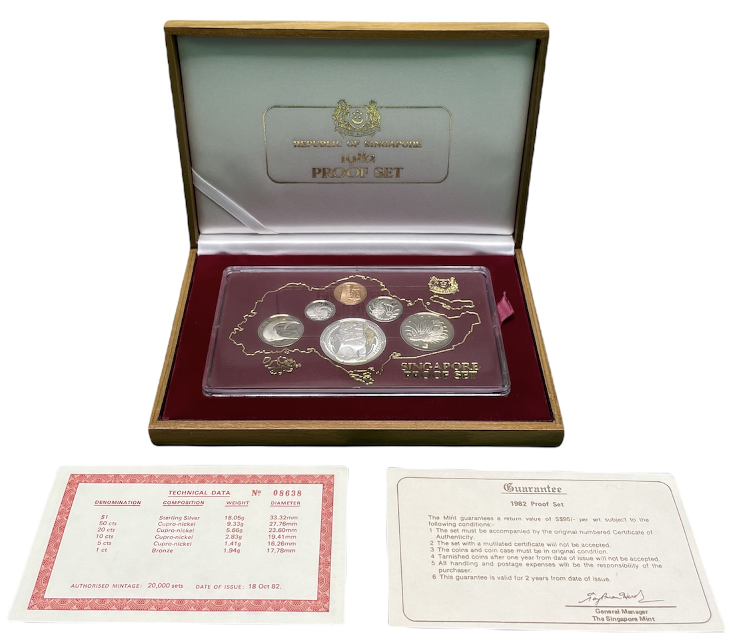 Сингапур набор из 6 монет 1982 официальный набор в оригинальной деревянной коробке, в пластике, с сертификатом KM PS15,  KM 1-5, 6a   PROOF  7-5-6-01