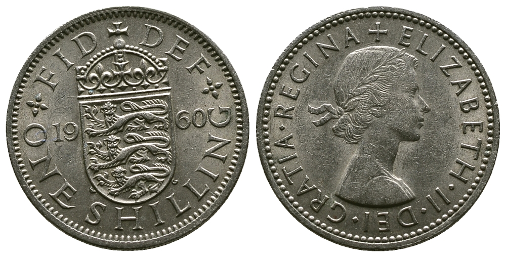 Великобритания 1 шиллинг 1960 Елизавета II (1952-2022), Английский герб KM 904, Spink 4147 медно-никель 4384-422