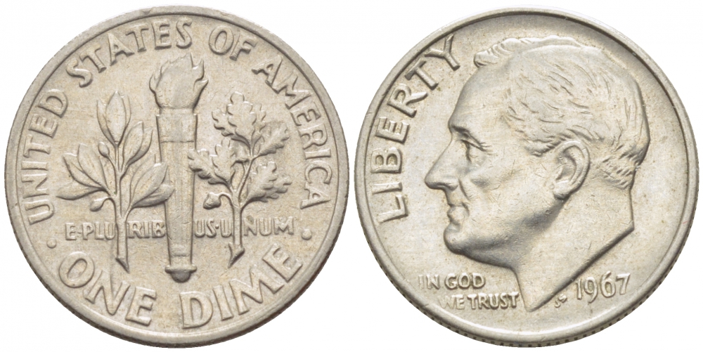 США 10 центов (дайм) 1967 Рузвельт KM 195а медь плакированная медно-никелем 105-1043