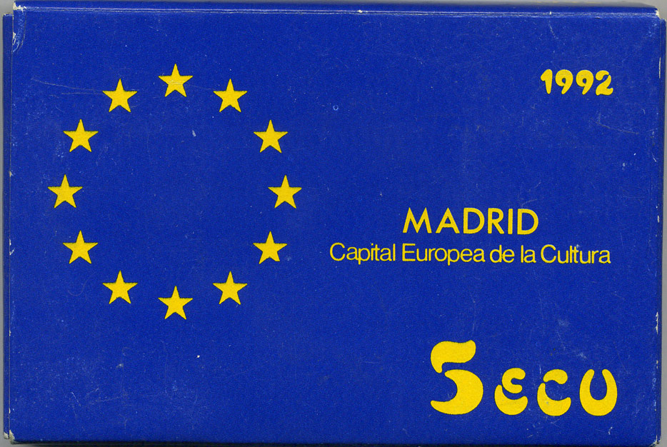 Испания 5 экю 1992 Мадрид, культурная столица Европы, Хуан Карлос I, в оригинальной деревянной коробке, с сертификатом  серебро  PROOF  4-3-1-13