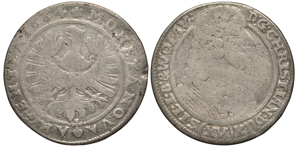 Силезия-Легница-Бжег 15 крейцеров 1664 Кристиан (1639-1673) серебро 413-1331