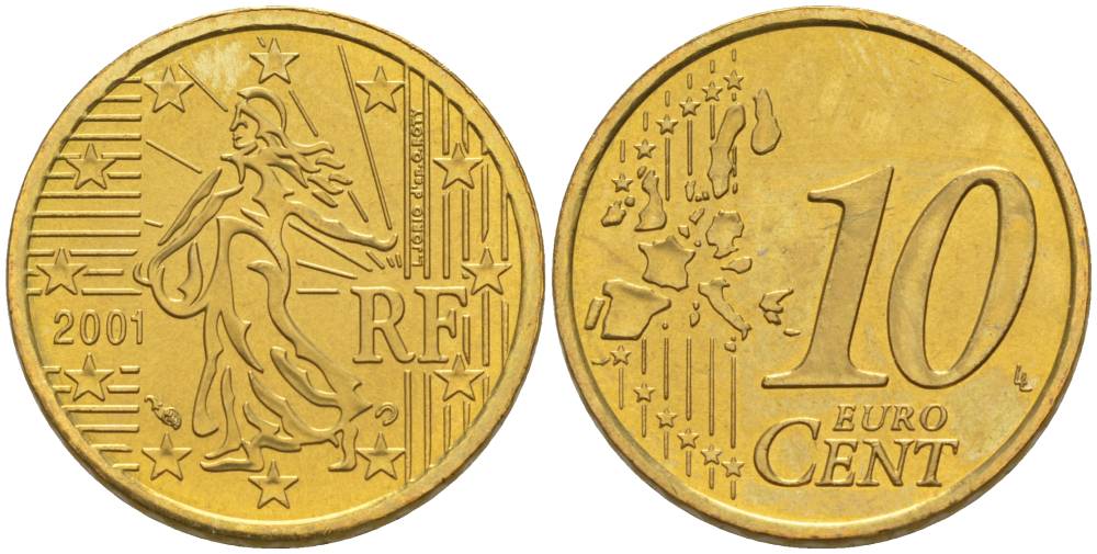 Франция 10 евроцентов 2001 KM 1285 латунь UNC 68-742
