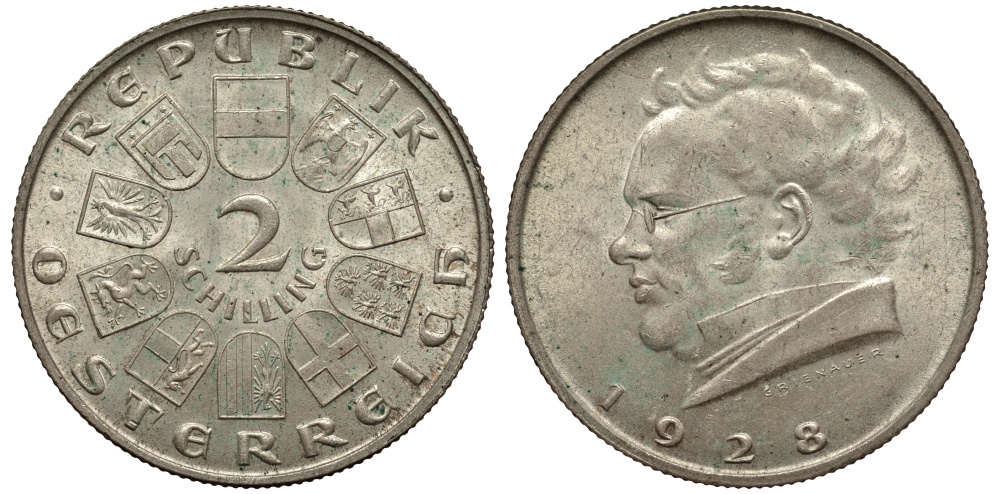 Австрия 2 шиллинга 1928 100 лет со дня смерти Франца Шуберта KM 2843 серебро 413-3014