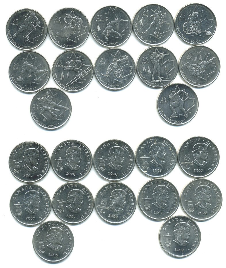 КАНАДА 12 МОНЕТ ПО 25 ЦЕНТОВ 2007-2009 ОЛИМПИАДА ВАНКУВЕР 2010 никель UNC 540-811