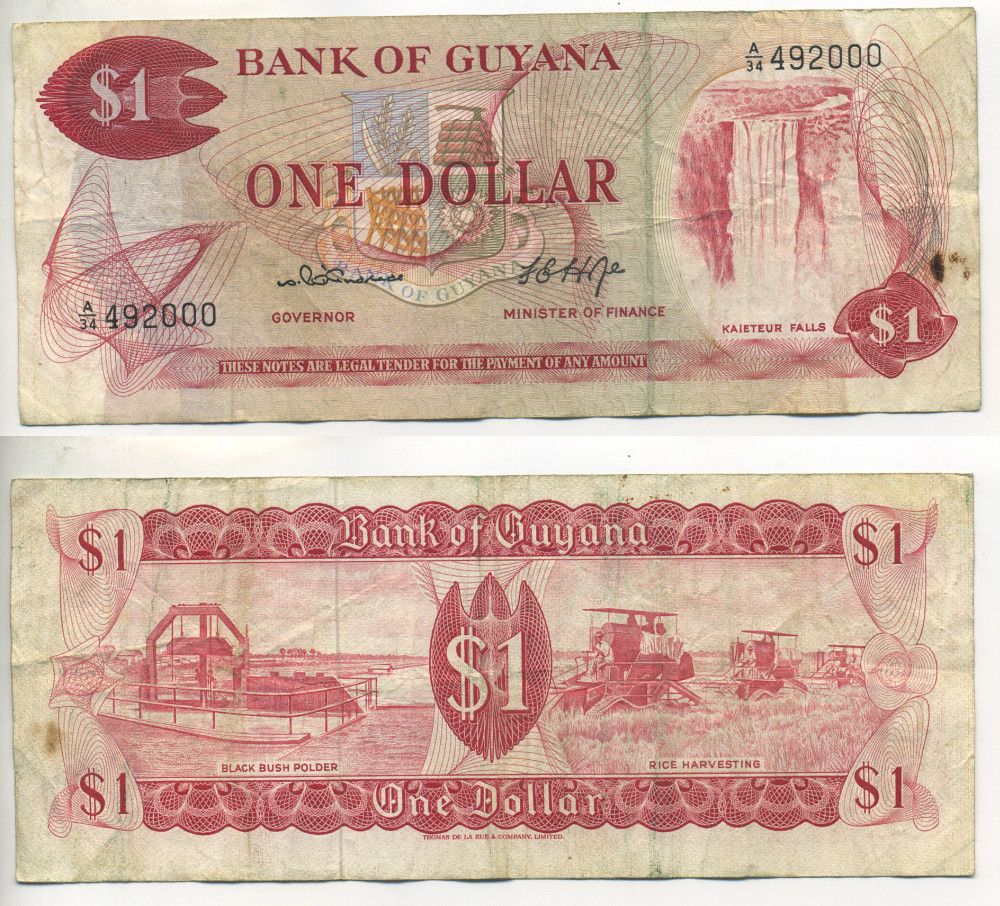 ГАЙАНА 1 ДОЛЛАР 1966-1992 ПОДПИСЬ 4 Pick 21b бумага 7551-25-3-1