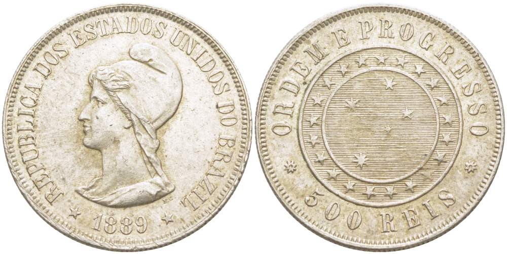 Бразилия 500 рейс 1889 Республика (1889-1942) KM 494 серебро 1519-1245