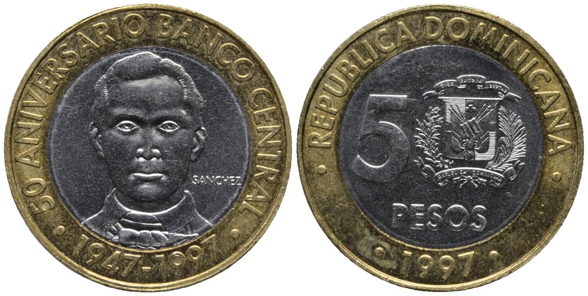 Доминиканская республика 5 песо 1997 50 лет центральному банку KM 88 биметалл 4577-1157