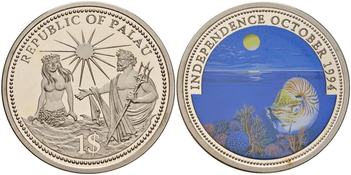 Палау 1 доллар 1994 моллюск и солнце над океаном KM 8 медно-никель UNC 00-000-00