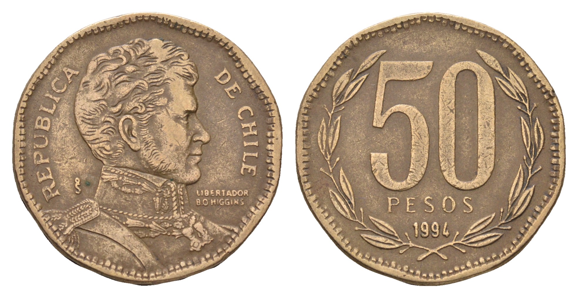 Чили 50 песо 1994 Бернардо О’Хиггинс KM 219.2 алюминиевая бронза 36-434