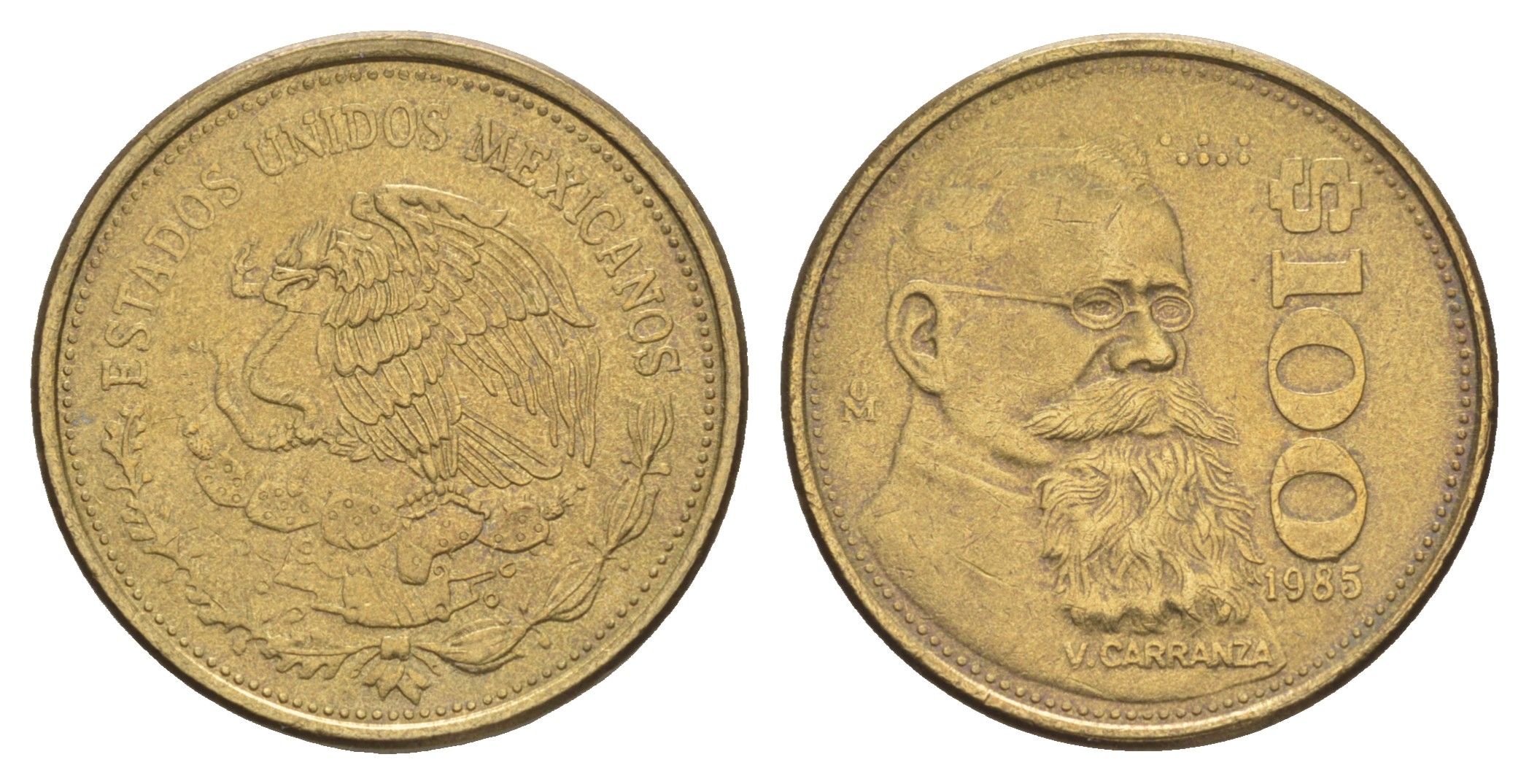 Мексика 100 песо 1985 Мо, Венустиано Карранса де ла Гарса, изогнутый верх 5 KM 493 алюминиевая бронза 4637-752