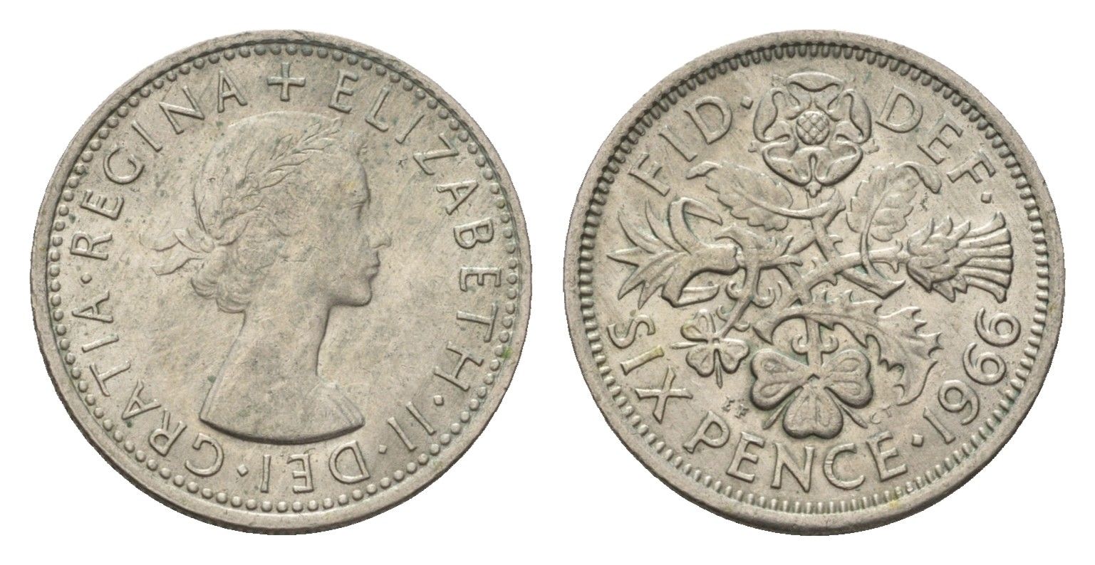 Великобритания 6 пенсов 1966 Елизавета II (1952-2022) KM 903, Spink 4149 медно-никель 192-149