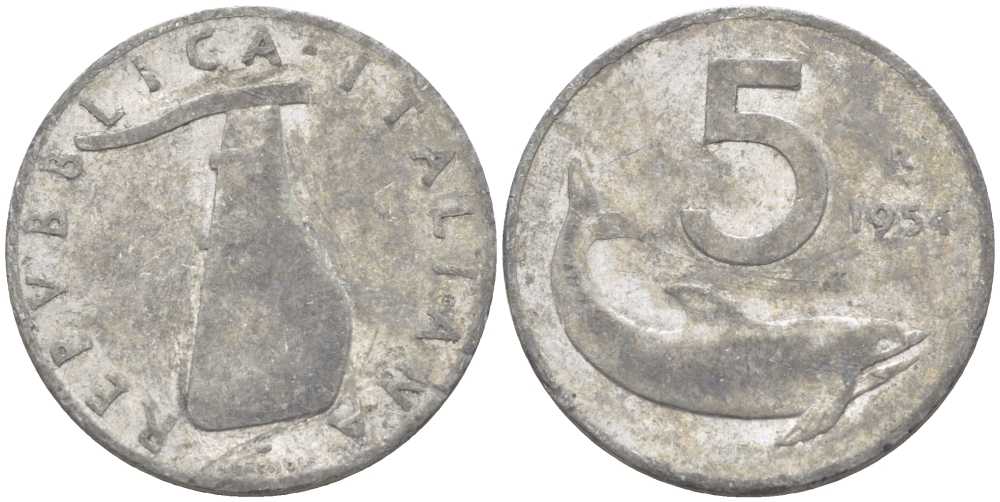 ИТАЛИЯ 5 ЛИР 1954 R, РУЛЬ, ДЕЛЬФИН KM 92 алюминий 24-116
