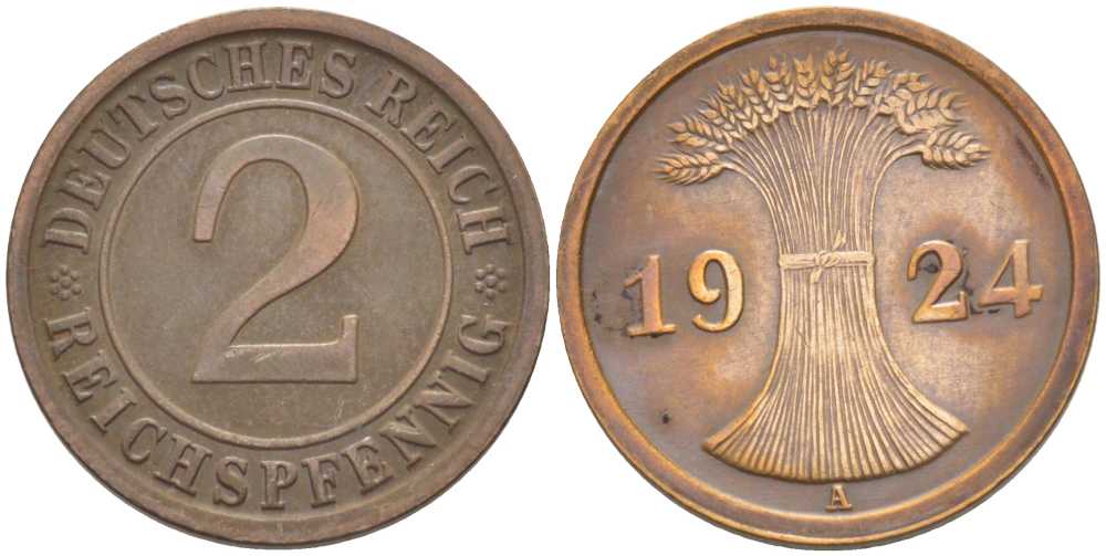 ГЕРМАНИЯ 2 РЕЙХСПФЕННИГA 1924 A KM 38, J. 314, Weege 4 бронза 206-866