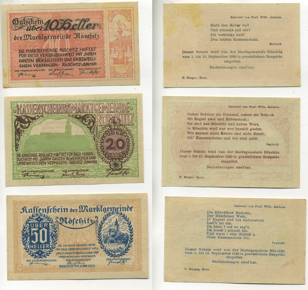 АВСТРИЯ НАБОР ИЗ 3 БАНКНОТ 1920 1 ИЮНЯ 1920-15 СЕНТЯБРЯ 1920, НОТГЕЛЬД, 10, 20, 50 ГЕЛЛЕРОВ, ROSCHITZ бумага XF 7218-25-3