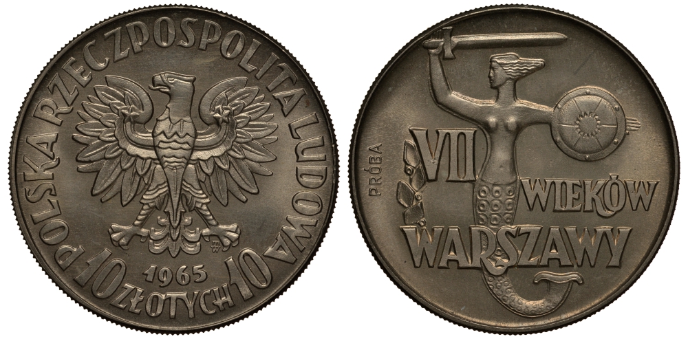 Польша 10 злотых 1965 MW, 700 лет Варшаве, проба, probe KM Pr 131 медно-никель  UNC 441-544