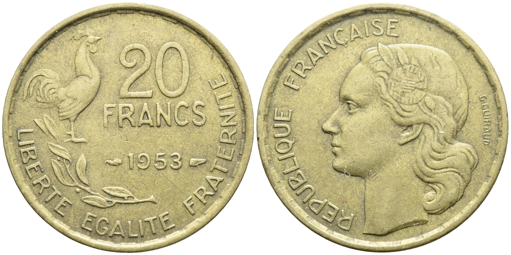 ФРАНЦИЯ 20 ФРАНКОВ 1953 4 ПЕРА KM 917.1 алюминиевая бронза 4393-1211