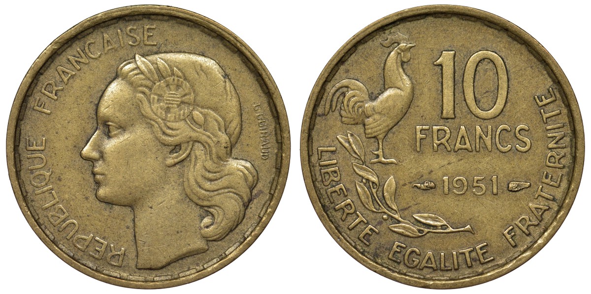 Франция 10 франков 1951 петух KM 915.1, Le Franc 363.4 алюминиевая бронза 4128-445
