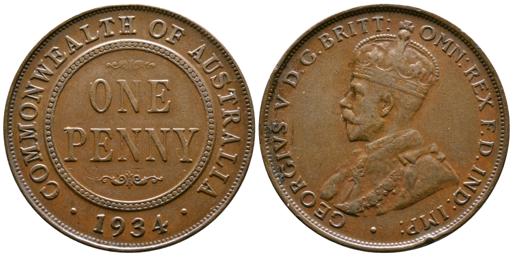 Австралия 1 пенни 1934 Георг V (1910-1936) KM 23 бронза    4607-446