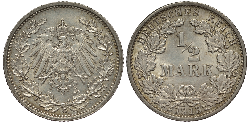 Германия 1/2 марки 1913 G J. 16, KM 17 серебро 413-6235