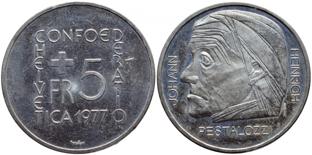 ШВЕЙЦАРИЯ 5 ФРАНКОВ 1977 ЙОХАН ГЕНРИХ ПЕСТАЛОЦЦИ, 150 ЛЕТ СО ДНЯ СМЕРТИ KM 55 медно-никель UNC 1520-1545