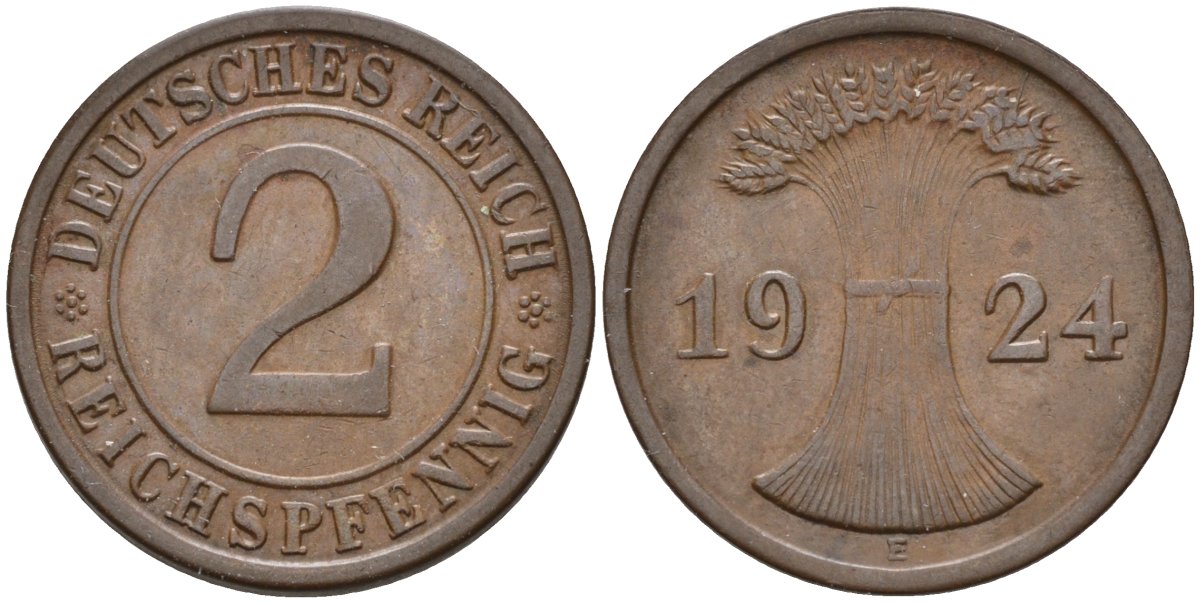 Германия 2 рейхспфеннига 1924 E KM 38, J.314, Weege 4 медь 4584-635