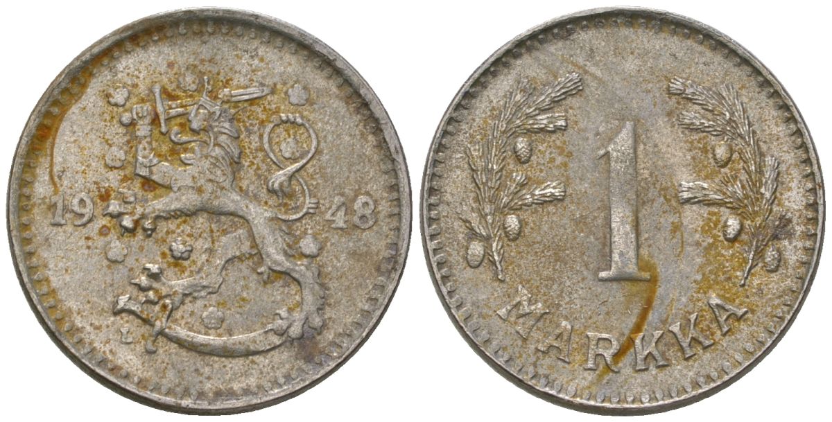 Финляндия 1 марка 1948 L KM 30b железо 4173-945