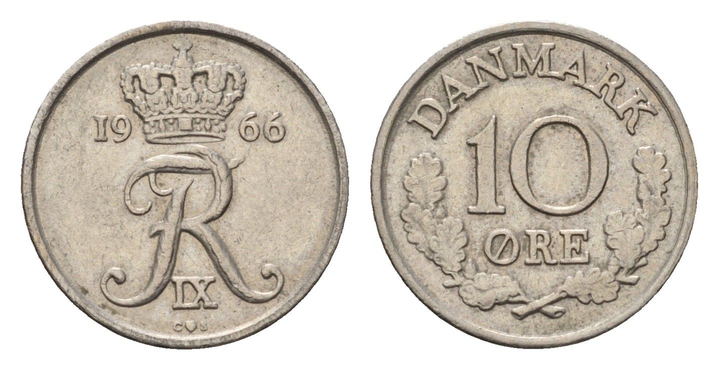 Дания 10 эре 1966 С; S, Фредерик IX (1947-1972) KM 849.1 медно-никель 4702-355