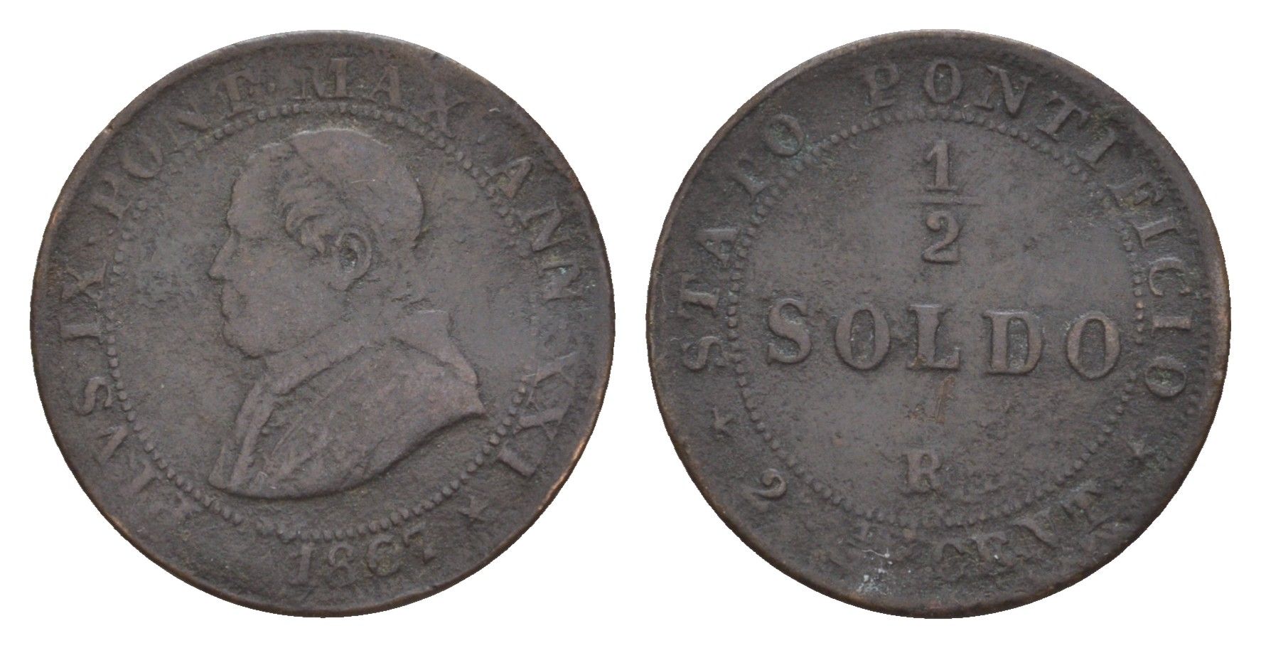 Папская область 1/2 сольдо 1867 R, Пий IX (1846-1878) KM 1371 медь 4655-121