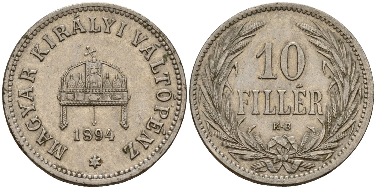 Венгрия 10 филлеров 1894 KB, Франц Иосиф I (1848-1916) KM 482 никель 4154-844